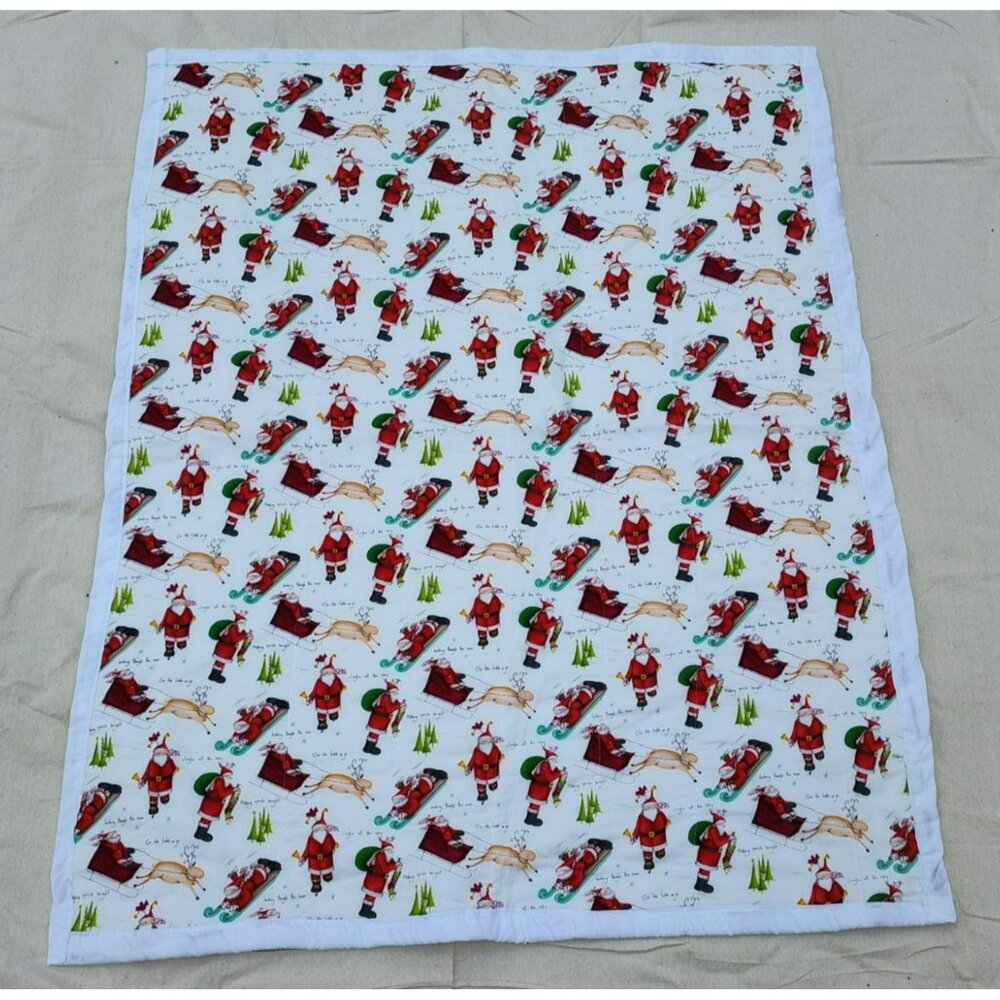 Handmade Baby Quilt, Christmas Santa Reindeer design w white back, 33"x43"